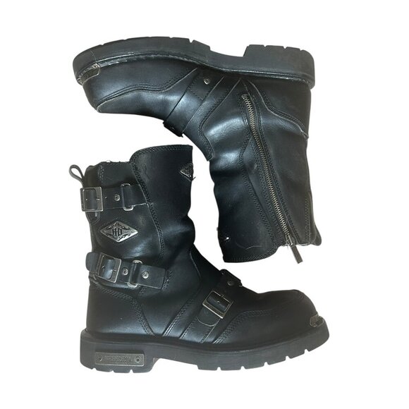 Harley Davidson Rare Fury Trunk Logo Black Leather Biker Boots Sz 10W Goth Punk - Picture 1 of 11